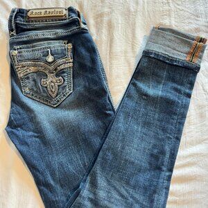 Rock Revival Yara Skinny Jeans Size 26 Low Rise Distressed Embellished Flap Pock